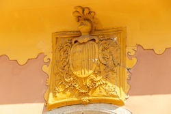 Ponferrada, Spain. Emblem at the house of Enrique Gil y Carrasco, a famous romantic poet, in Plaza del Ayuntamiento (Town Hall Square)