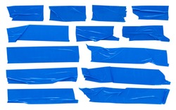 Blue scotch tape, large set of adhesive packaging tape, crumpled torn stripes on white background