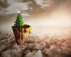 Dream Christmas. Christmas tree floating over the clouds