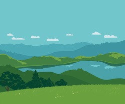 Forest on mountains river landscape background vector poster. Bright sunny day in green mountain calm lake valley cartoon illustration. Summer season alpine wild nature outdoor hand drawn scenic view