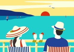 Couple enjoy ocean cruise vacation vector poster. Female, male watching sunset simple pop art style illustration. Tourists relax sailing on cruise ship vessel. Romantic seascape scenic view background