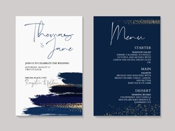 Wedding navy grunge splash invitation cards with Luxury gold and indigo marble texture background. Abstract ocean style vector design template.