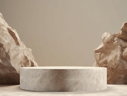 Stone podium for display product. Background for cosmetic product branding, identity and packaging