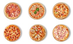 Six different pizza set for menu. Italian food traditional cuisine. 1) Meat pizzas with  salami 2) seafood 3) ham 4)pepperoni 5) barbecue 6) flaming pie. 