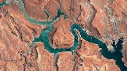 Colorado River, Lake Powell and Trachyte Canyon looking down aerial view from above – Bird’s eye view Colorado River, Utah, USA	
