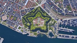 Kastellet, star, pentagon shaped castle, historical fortress, aerial view from above – Bird’s eye view Kastellet, Copenhagen, Denmark