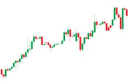 Japanese candlestick red and green chart showing uptrend market  on white background
