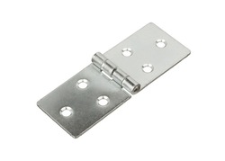 The three-hole metal hinge lies diagonally against a white background. Furniture hinge on a white background.
