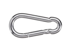Stainless steel construction carabiner isolated on white background. View from above. Construction accessory.

