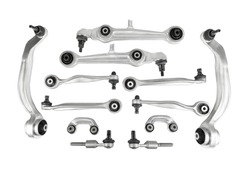 Car front suspension arm set isolated top view. A set of spare parts for a car suspension.
