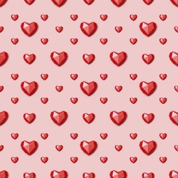 Seamless pattern with red polygonal paper heart on pink background. Wallpaper for Valentines Day. Love concept. Bright colors. Minimal style.