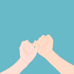 two hands are Contract pinkie together on the blue background. business, love, bonding, relationship, promises, holiday, encouragement concept. 
