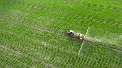 Spring agricultural work in the fields. The tractor sprays crops with herbicides, insecticides and pesticides.