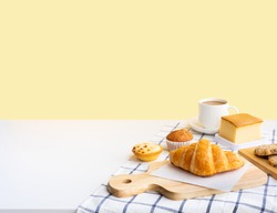 Set of breakfast food or bakery,cake on table kitchen with copy space background.cooking and eating with healthy lifestyle.top view
