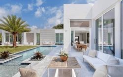 Beautiful backyard design, white exterior, swimming pool, modern design, outdoor