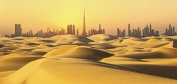 Dubai skyline in desert at sunset.