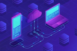 Isometric cloud storage concept. Synchronization backend cloud data storage with laptop, smartphone on ultraviolet background. Data transfer upload-download process. Vector 3d isometric illustration.