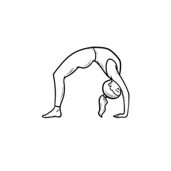 Woman practicing yoga bridge pose hand drawn outline doodle icon. Healthy lifestyle, yoga exercises concept. Vector sketch illustration for print, web, mobile and infographics on white background.