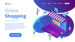 Isometric users with gadgets buying in online store and laptop screen landing page. Online shopping, mobile marketing and purchase concept. Blue violet background. Vector 3d isometric illustration.