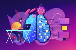 Brain with digital circuit and programmer with laptop. Machine learning, artificial intelligence, digital brain and artificial thinking process concept, violet palette. Vector isolated illustration.
