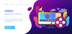 Marketing strategist with laptop working with video content. Video content marketing, video marketing strategy, digital marketing tool concept. Website vibrant violet landing web page template.