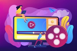 Marketing strategist with laptop working with video content. Video content marketing, video marketing strategy, digital marketing tool concept. Bright vibrant violet vector isolated illustration