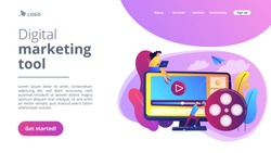 Marketing strategist with laptop working with video content. Video content marketing, video marketing strategy, digital marketing tool concept. Website vibrant violet landing web page template.