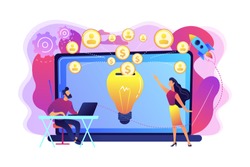 Businessman with new project at laptop and people funding it via internet. Crowdfunding, crowdsourcing project, alternative financing concept. Bright vibrant violet vector isolated illustration