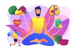 Healthy lifestyle, fitness and balanced diet. Wellness achievement. Holistic medicine, holistic mental therapy, treatment of the whole body concept. Bright vibrant violet vector isolated illustration