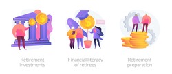 Pension fund, elderly people education, money saving icons set. Retirement investments, financial literacy of retirees, retirement preparation metaphors. Vector isolated concept metaphor illustrations