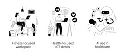 Health-focused technology abstract concept vector illustration set. Fitness-focused workspace, IOT office desk, AI use in healthcare, modern office, employee well-being, medicine abstract metaphor.