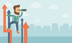 A businessman with beard stand on top of graph arrow using his telescope looking how high he is. Business success, self development concept. A Contemporary style with pastel palette, soft blue tinted