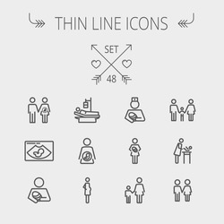 Medicine thin line icon set for web and mobile. Set includes- sick person, pregnant, wife and husband, ultrasound, baby, nurse, family, siblings icons. Modern minimalistic flat design. Vector dark