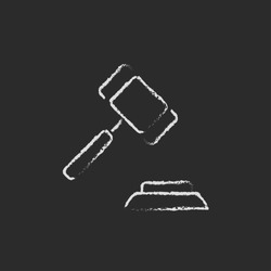 Auction gavel hand drawn in chalk on a blackboard vector white icon isolated on a black background.