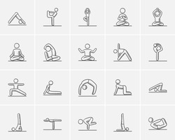 Yoga sketch icon set for web, mobile and infographics. Hand drawn yoga icon set. Yoga vector icon set. Yoga icon set isolated on white background.