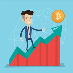 Young caucasian white businessman standing on growth bitcoin graph. Rise of bitcoin price, blockchain network technology, initial coin offering and cryptocurrency concept. Vector cartoon illustraton.