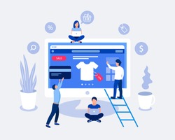 Online shopping design concept. Small people buy things on the site. Laptop screen with open site with goods t-shirt. Flat design. Vector illustration.