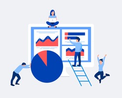 Data analysis design concept. Analysts working. Small people and laptop screen with data analysis graphs ansd charts. Trendy flat style. Vector illustration.