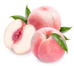 Pink Peach fruit with leaf isolated on white background, Fresh Peach on White Background With clipping path,