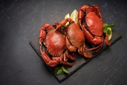 Steamed Red Crab with butter and lemon, Boiled Serrated mud crab on black plate on black background,