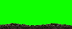 dirt heap, soil pile on green for green screen background, horizontal dirt, black soil for construction and gardening concept, copy space