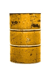 steel barrel oil yellow rusty, barrel oil waste, toxic tank drum, metal barrel old pour, barrel oil yellow or gold old isolated on background white