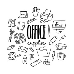 Office supplies. Set of office hand drawn doodle icons set.