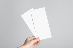 DL Flyer Mock-Up - Male hands holding blank flyers on a gray background.