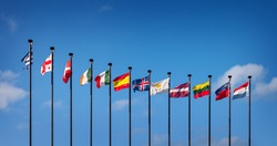 National flags of the European countries against the blue sky