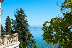 Sea view from Mon Repos palace in Corfu island, Greece