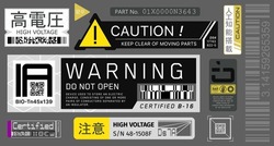 Set of vector stickers and labels in futuristic style. Inscriptions and symbols, Japanese hieroglyphs for danger, attention, AI controlled, high voltage, warning. Cyberpunk sticker set	