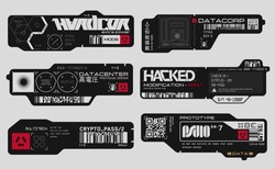 Cyberpunk decals set. Set of vector stickers and labels in futuristic style. Inscriptions and symbols, Japanese hieroglyphs for  AI powered, high voltage, warning.