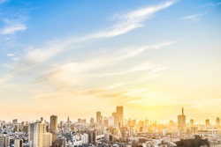 Asia Business concept for real estate and corporate construction - panoramic modern city skyline aerial view of shinjuku area under sunset sky in Tokyo, Japan
