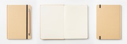 Design concept - Top view of kraft paper notebook, white page and pencil isolated on background for mockup